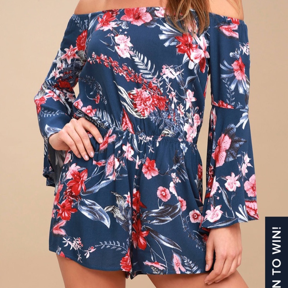 Price drop!Navy Blue Print Off-the-Shoulder Romper